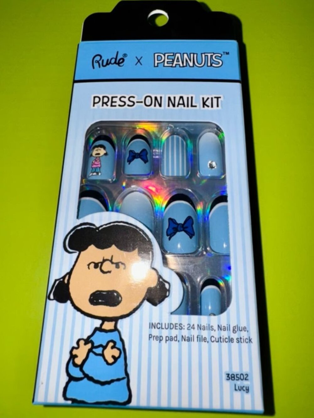 Rude x Peanuts Glossy Press On Nails 24 Kit, Oval Round shaped, Blue, Lucy